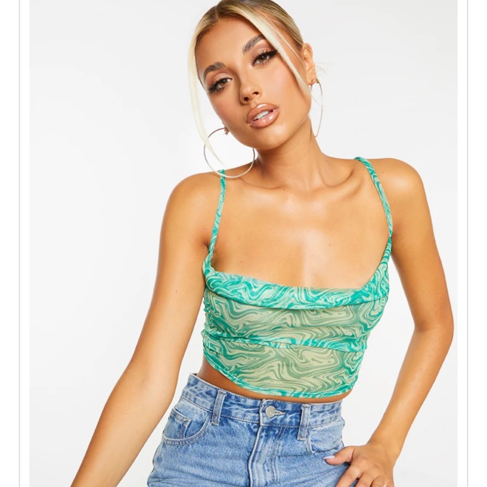 PrettyLittleThing Green Print Mesh Cowl Neck Cami - size 8